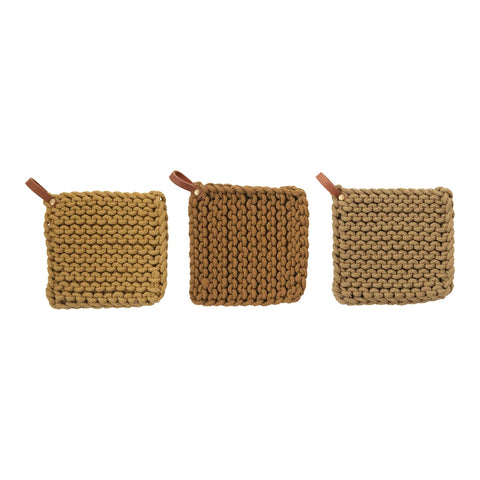 Crocheted Pot Holder with Leather Loop, 6 Colors Options