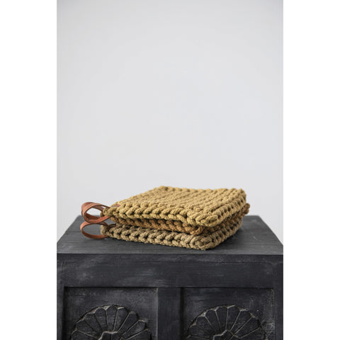 Crocheted Pot Holder with Leather Loop, 6 Colors Options