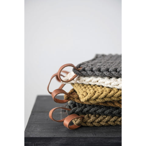 Crocheted Pot Holder with Leather Loop, 6 Colors Options