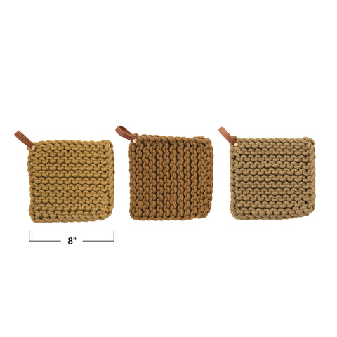 Crocheted Pot Holder with Leather Loop, 6 Colors Options