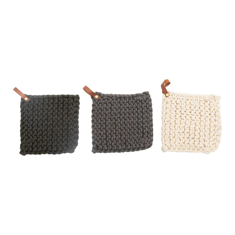 Crocheted Pot Holder with Leather Loop, 6 Colors Options