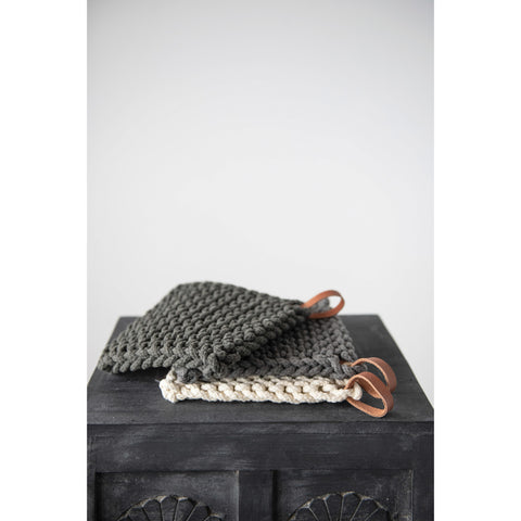 Crocheted Pot Holder with Leather Loop, 6 Colors Options