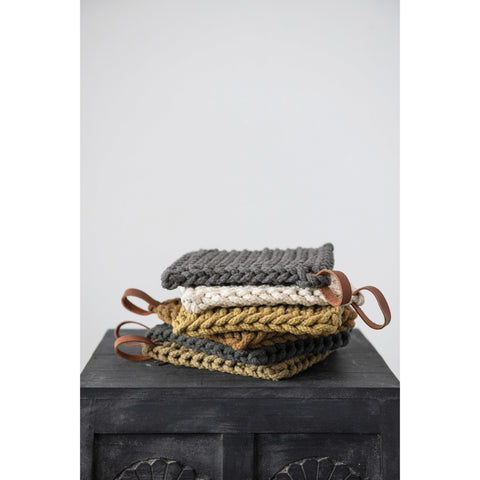 Crocheted Pot Holder with Leather Loop, 6 Colors Options