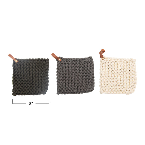 Crocheted Pot Holder with Leather Loop, 6 Colors Options