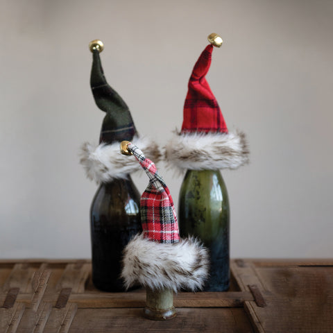 Plaid Hat Bottle Topper with Fur Trim, 3 Color Styles