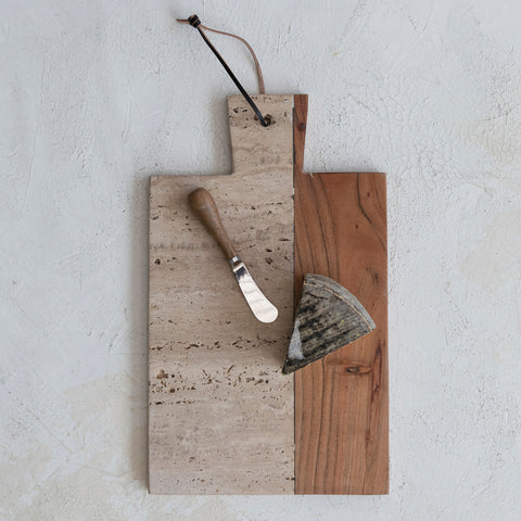 Travertine & Acacia Wood Cheese/Cutting Board w/ Handle