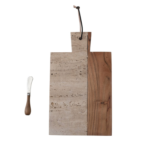 Travertine & Acacia Wood Cheese/Cutting Board w/ Handle