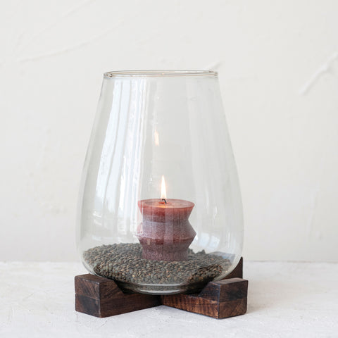Glass Hurricane Vase with Mango Wood Base, Walnut Finish