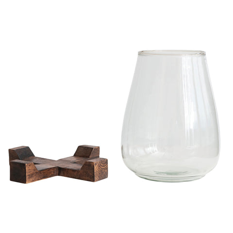 Glass Hurricane Vase with Mango Wood Base, Walnut Finish