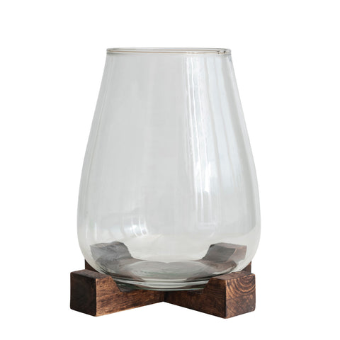 Glass Hurricane Vase with Mango Wood Base, Walnut Finish