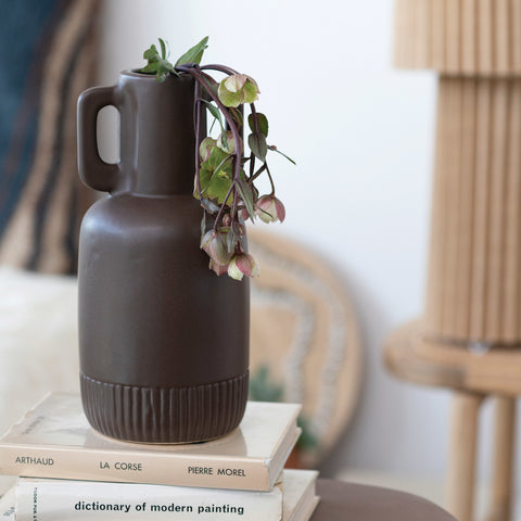 Matte Brown Ceramic Vase with Handles