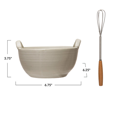 Stoneware Bowl Wood and Metal Whisk Set of 2 - Coastal Vibes Candles